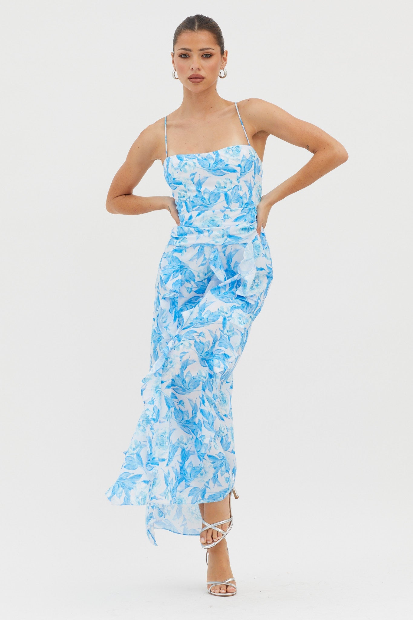 Serif Ruffle Trim Split Maxi Dress Blue