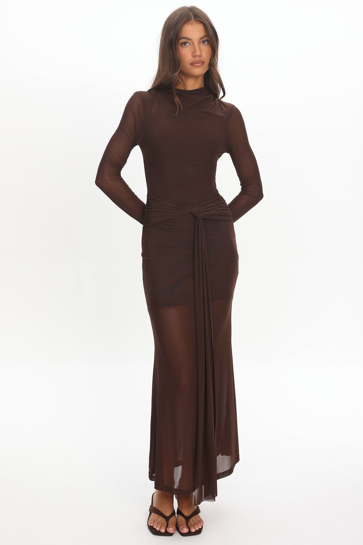 Girl's Night Long Sleeve Mesh Maxi Dress Chocolate