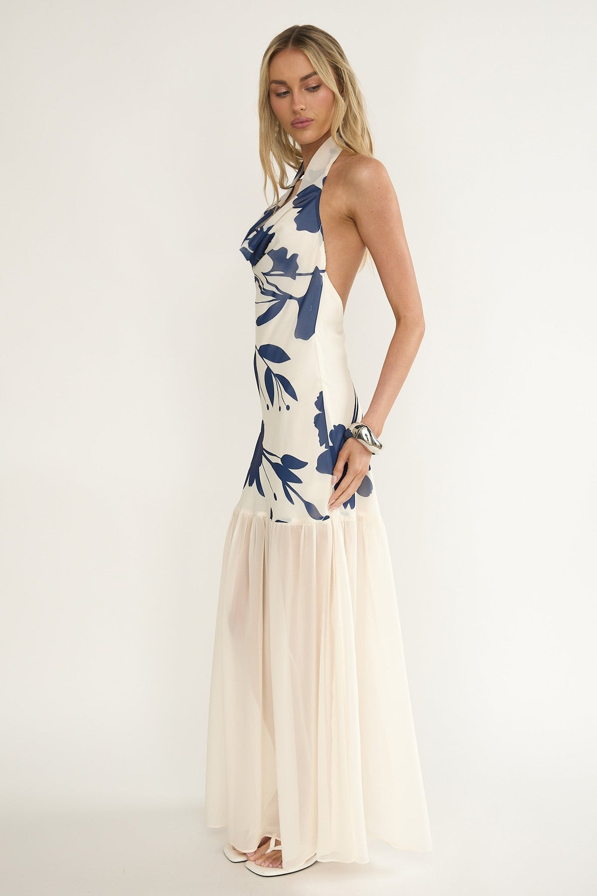 Omaria Cowl Halter Maxi Dress Floral Beige