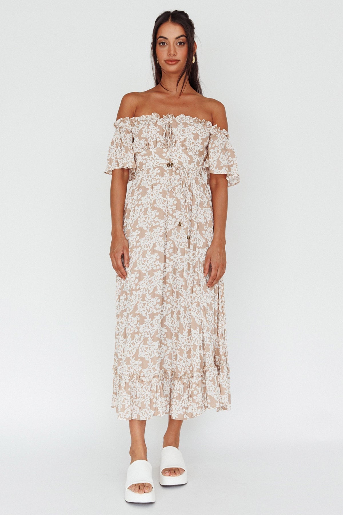 Voyager Off-Shoulder Bell Sleeve Midi Dress Floral Blush