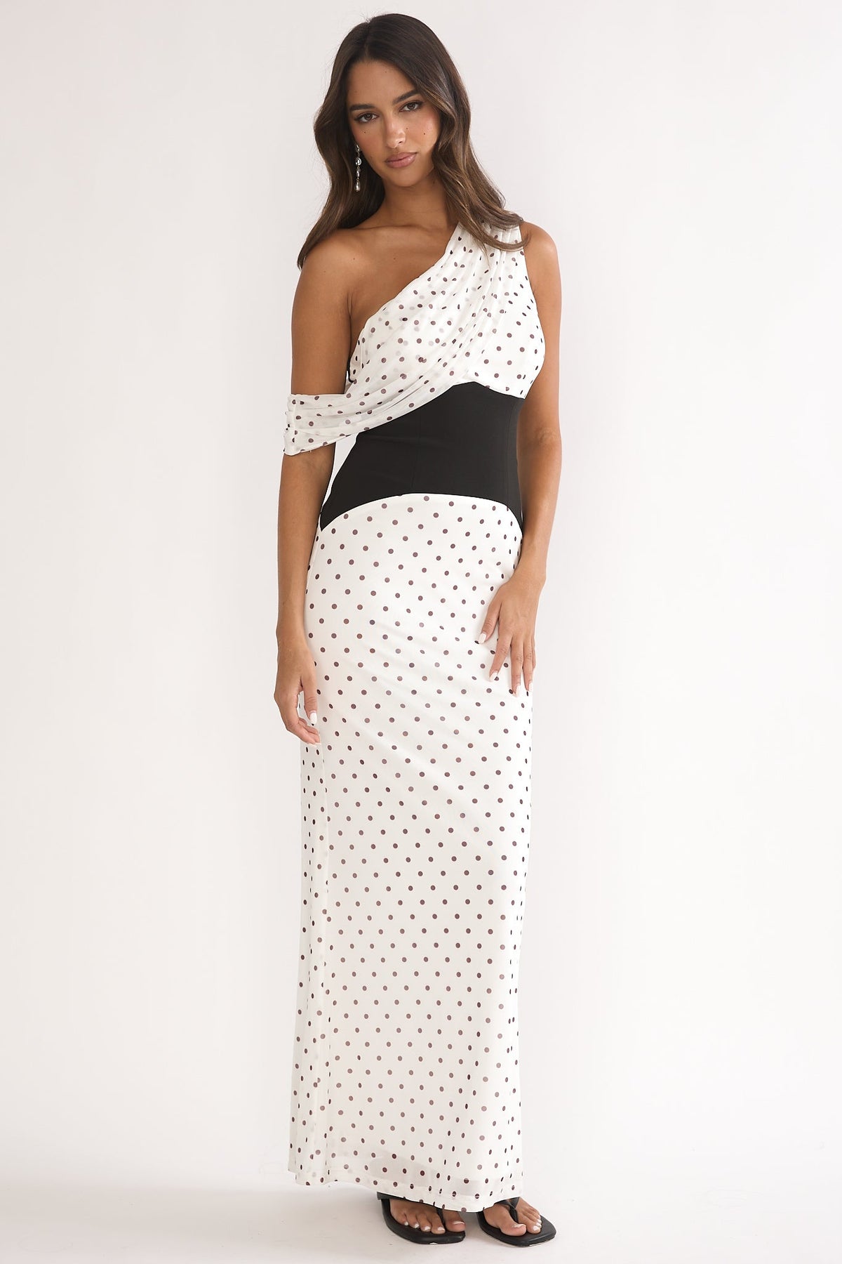 Milos Asymmetric Neckline Maxi Dress Polka Dot Brown