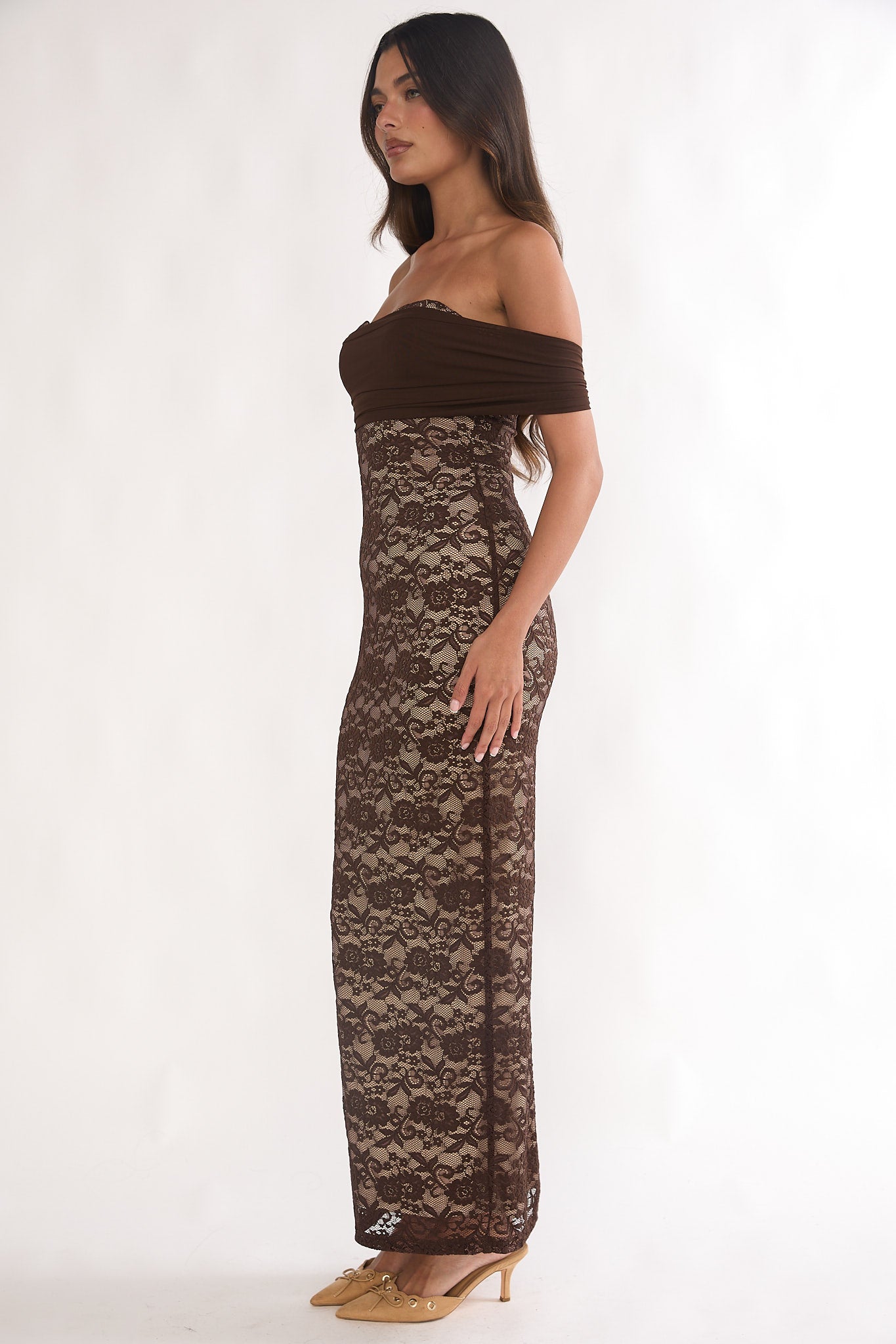 Jewelene Off-Shoulder Maxi Dress Lace Chocolate