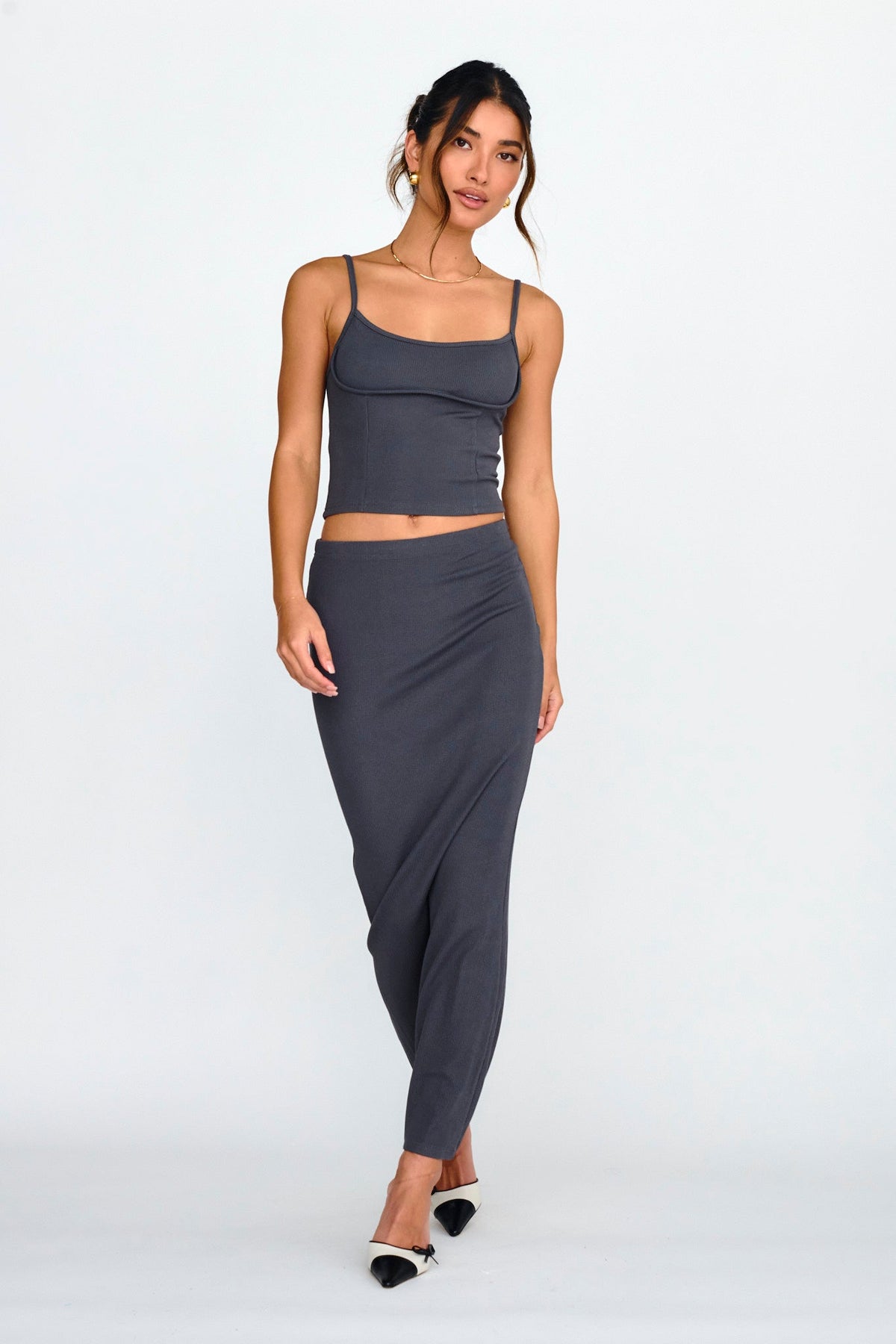 Strike A Pose Ribbed Maxi Skirt Charcoal