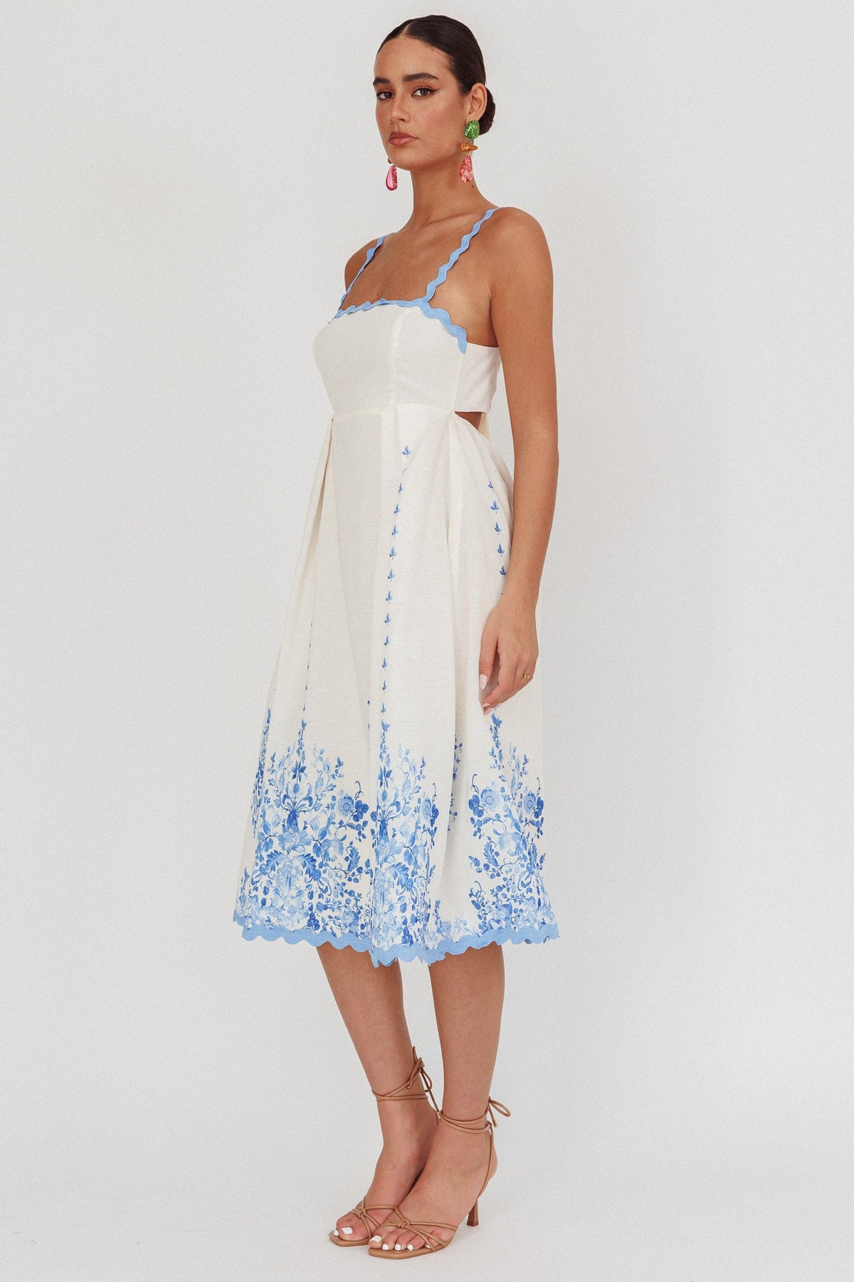 Asami Floral Print Ric Rac Trim Midi Dress Blue