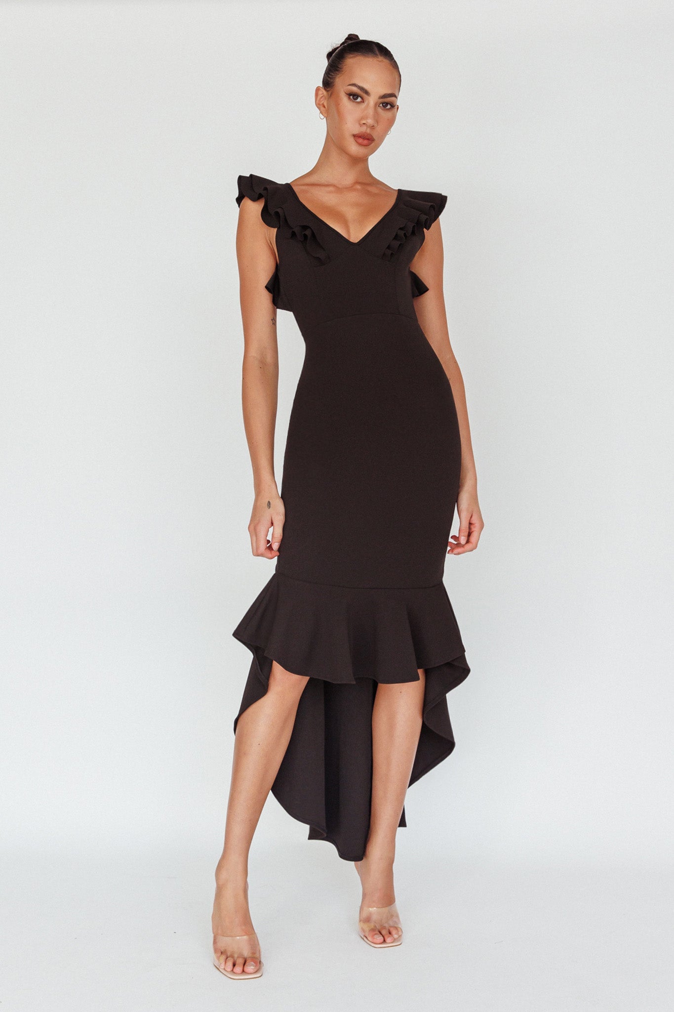 Pearl Ruffle Strap High-Low Hem Dress Black