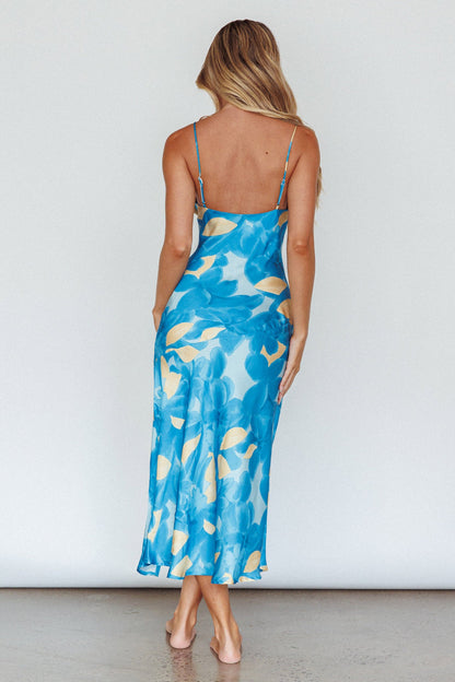 Well Versed Pleated Bust Front Split Dress Flora Blue