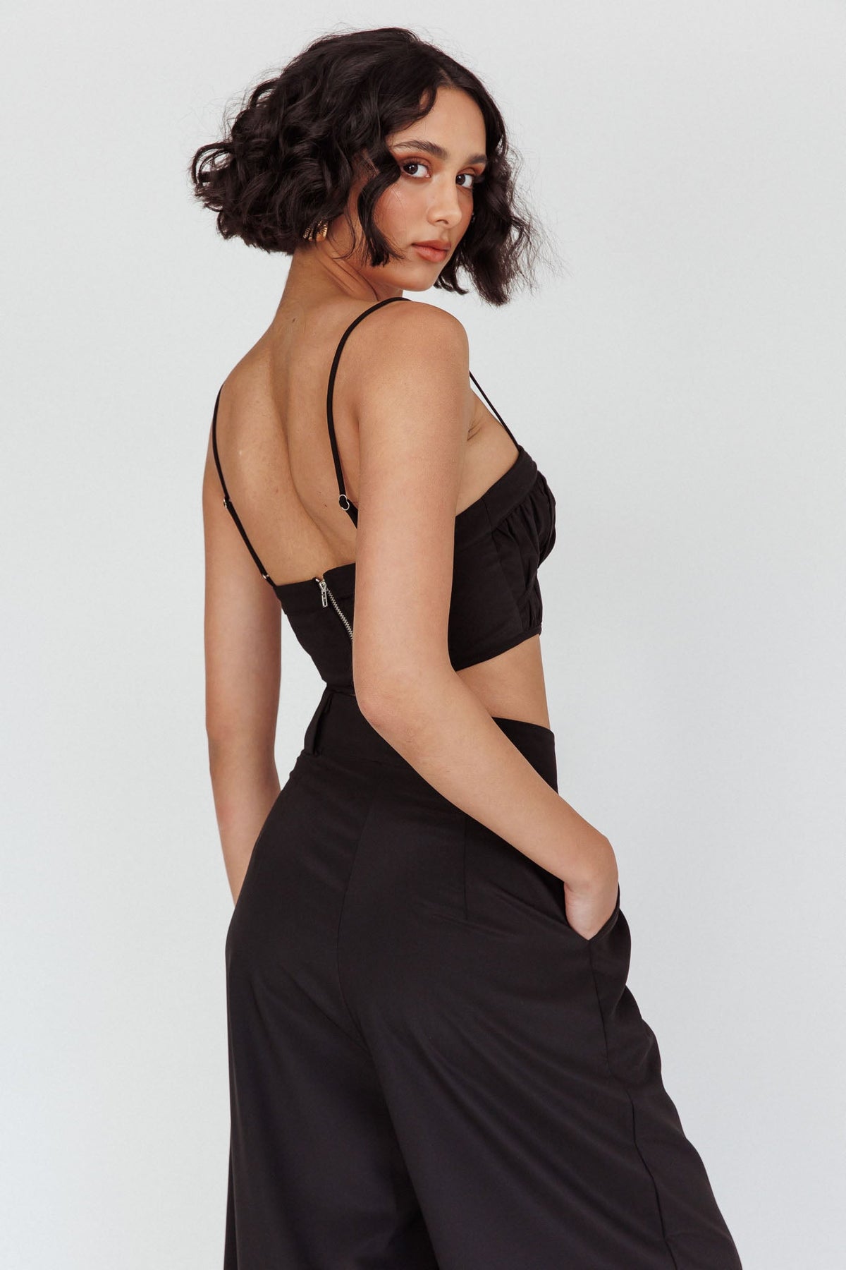 Regal Ruched Cami Crop Top Black