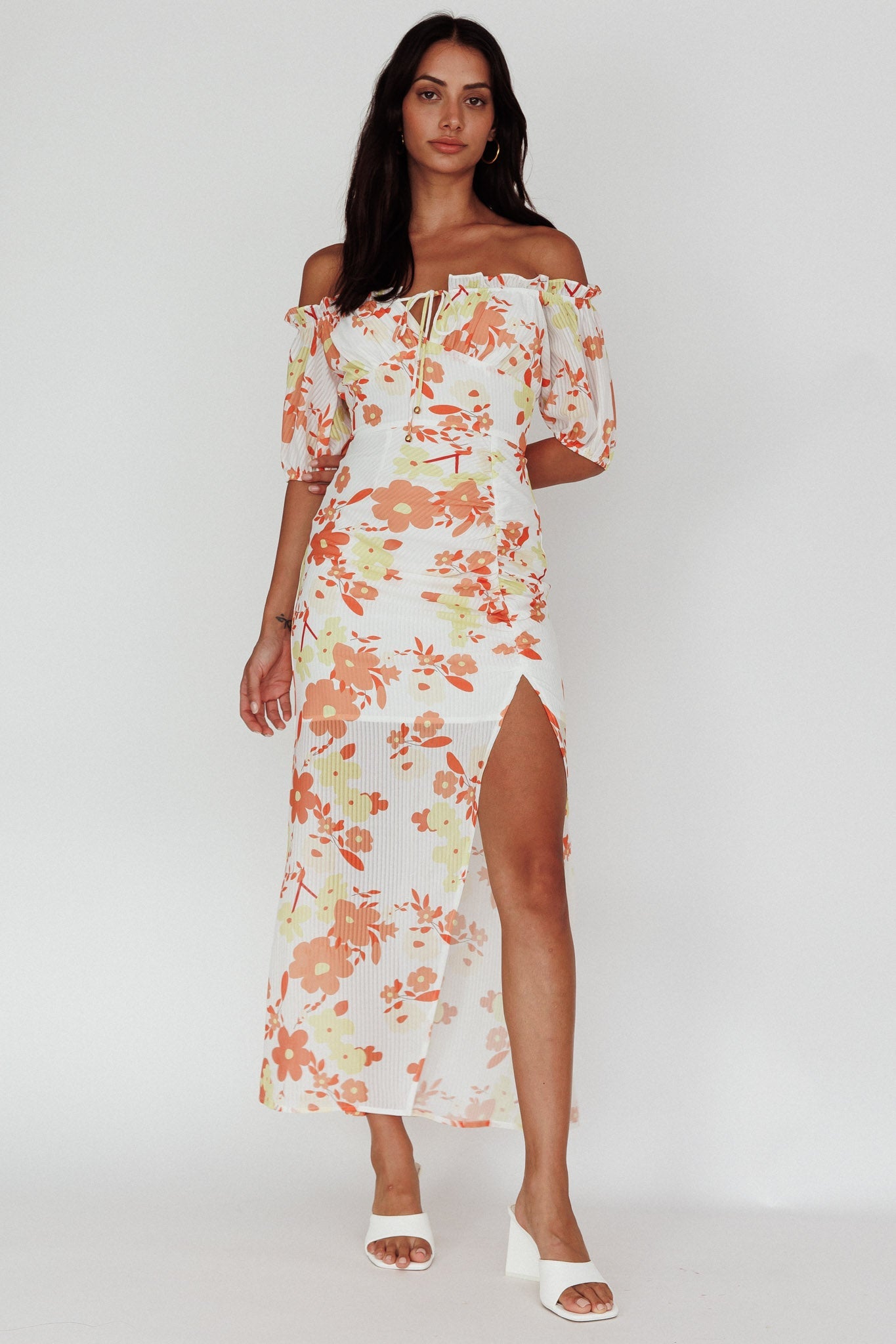 Jalynn Off-Shoulder Split Midi Dress Floral Orange