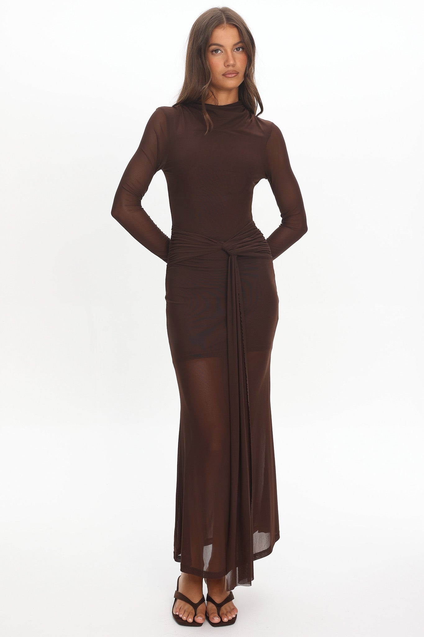 Girl's Night Long Sleeve Mesh Maxi Dress Chocolate