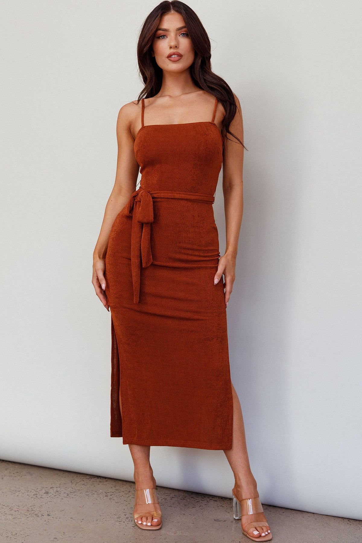 Serenade Me Square Neckline Side Split Midi Dress Cinnamon