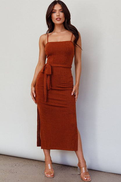 Serenade Me Square Neckline Side Split Midi Dress Cinnamon