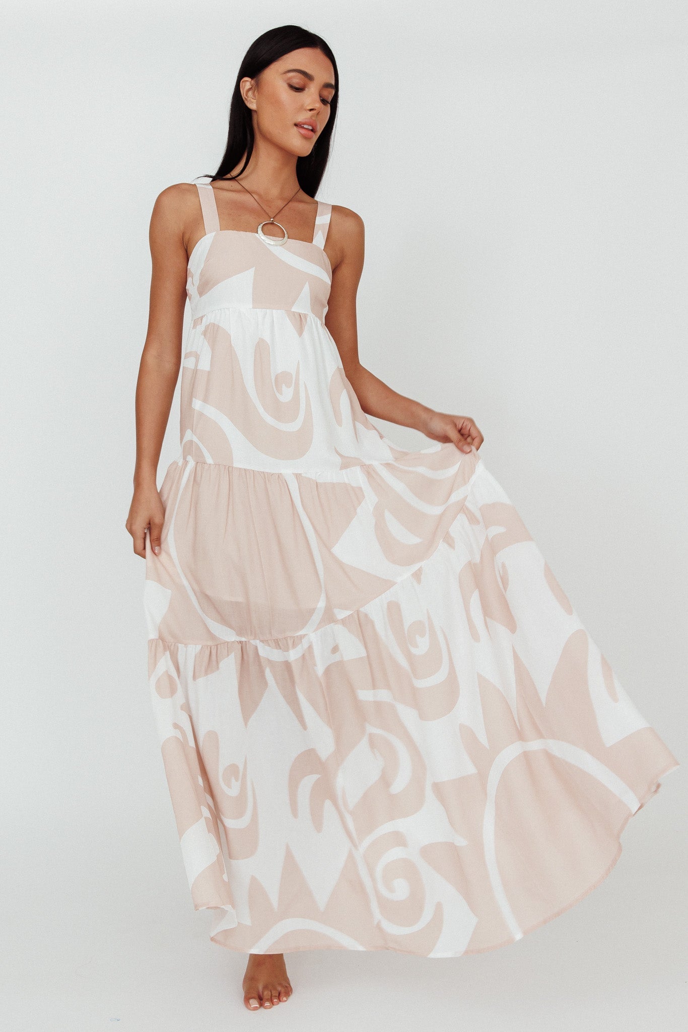 Indianna Square Neckline Maxi Dress Printed Sand/White