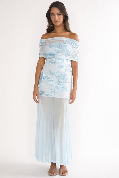 Clarita Sheer Ruched Maxi Dress Embellished Blue
