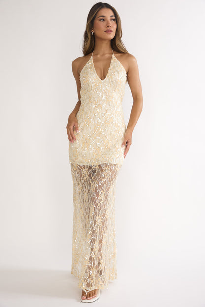 One Night Halterneck Maxi Dress Sequin Butter