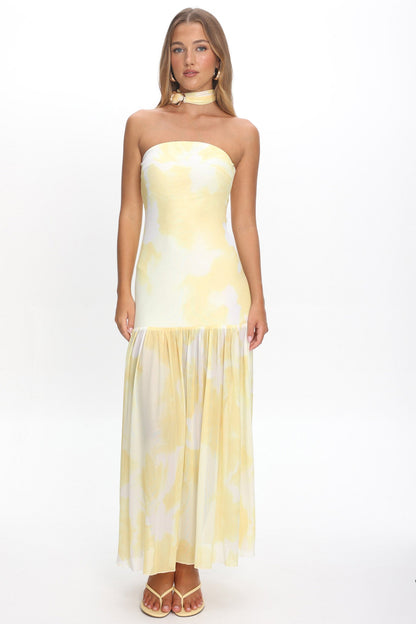 Antonella Strapless Waist Sash Maxi Dress Marbled Yellow