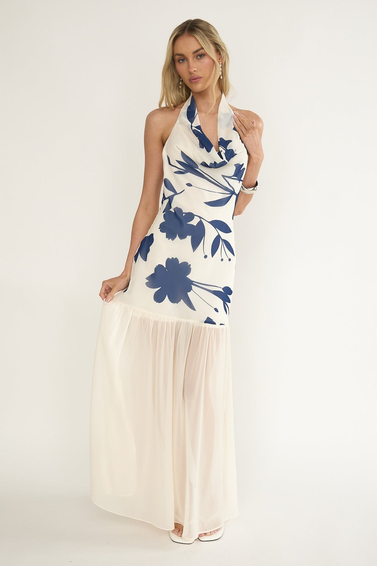 Omaria Cowl Halter Maxi Dress Floral Beige