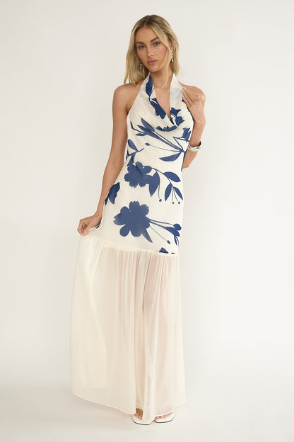 Omaria Cowl Halter Maxi Dress Floral Beige