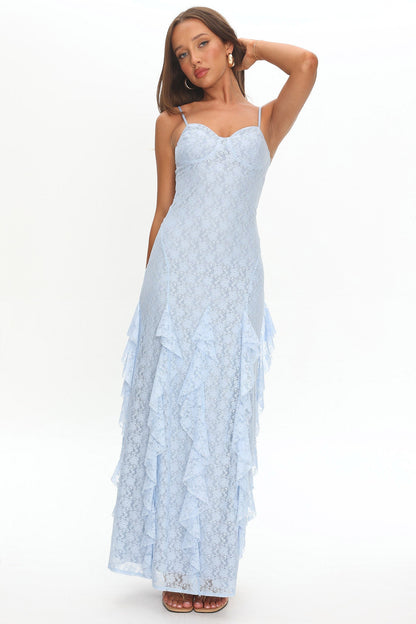 Onique Lace-Up Back Split Maxi Dress Lace Blue