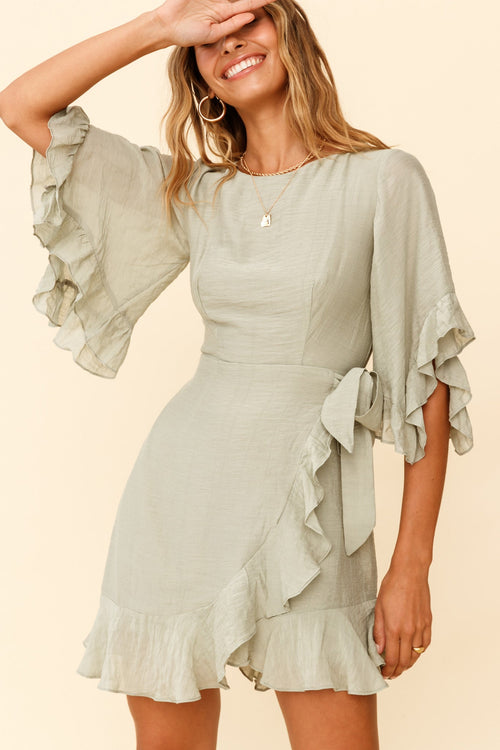 Make It Happen Flared Sleeve Ruffle Trim Dress Pistachio