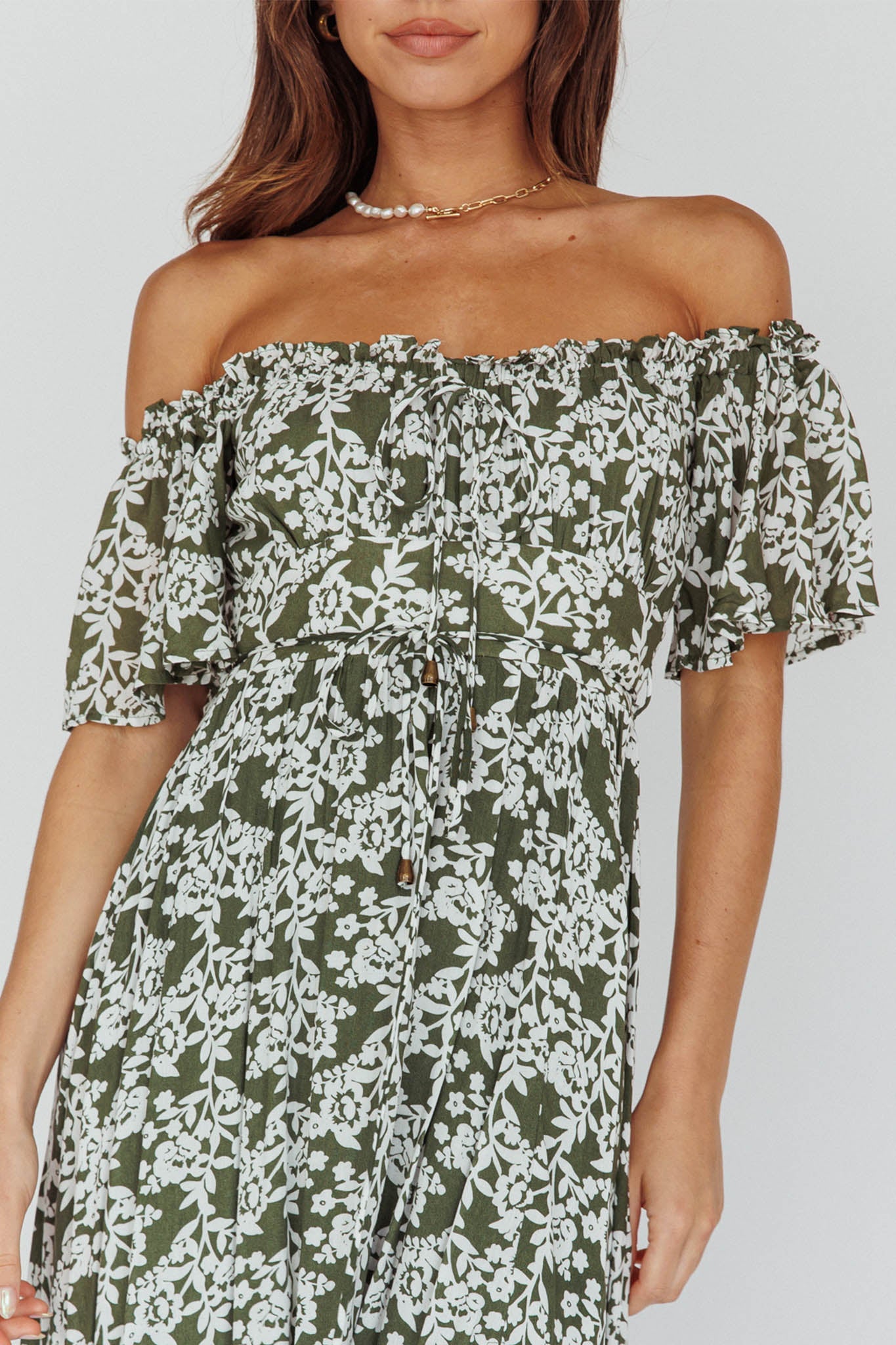 Voyager Off-Shoulder Bell Sleeve Midi Dress Floral Green
