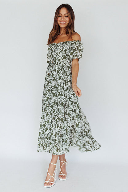 Voyager Off-Shoulder Bell Sleeve Midi Dress Floral Green