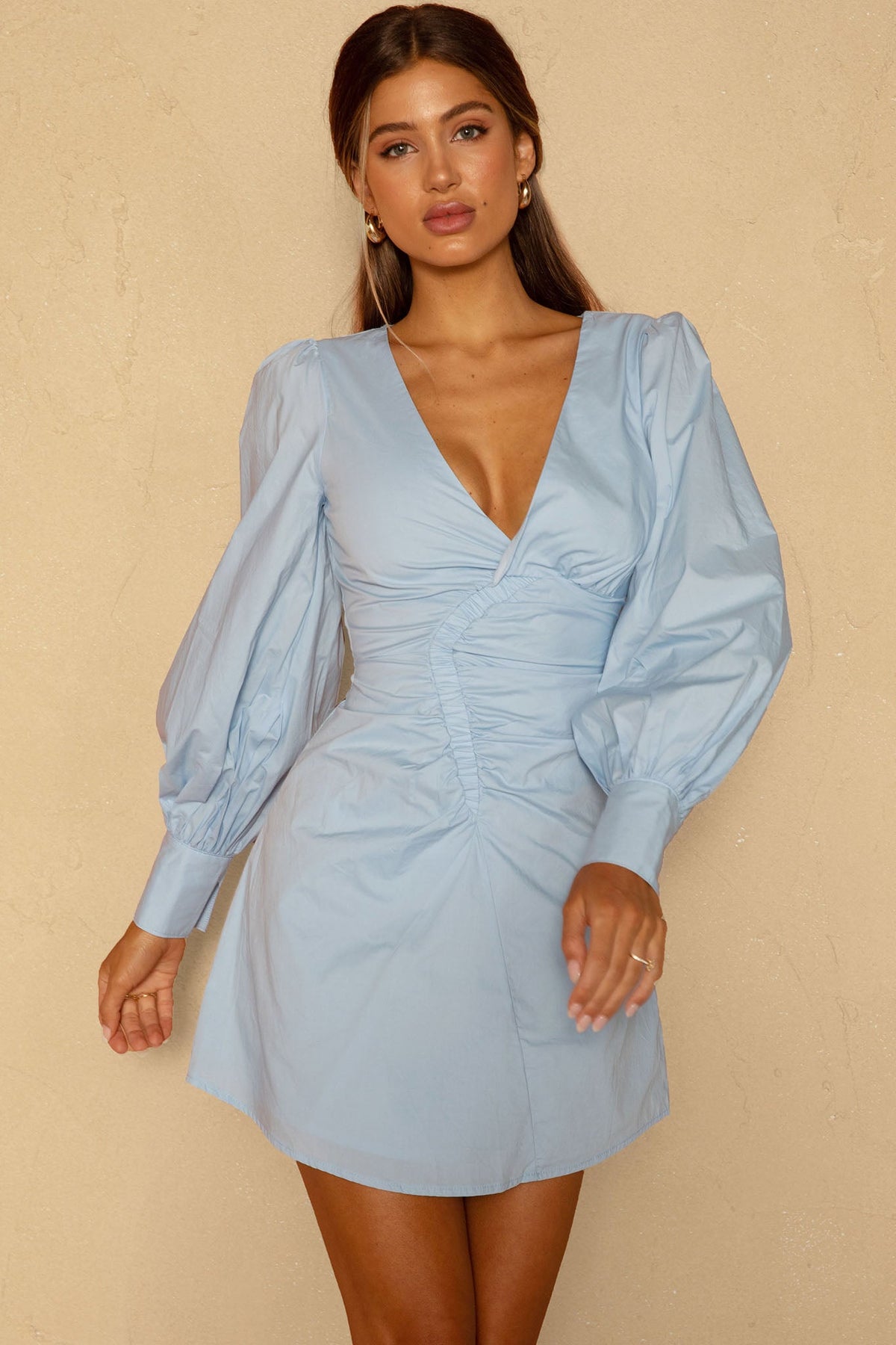 Josie Long Sleeved Ruched Feature Mini Dress Blue
