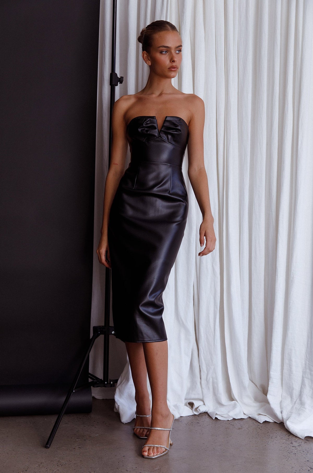 Intuition Strapless Faux Leather Dress Black