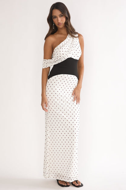 Milos Asymmetric Neckline Maxi Dress Polka Dot Brown