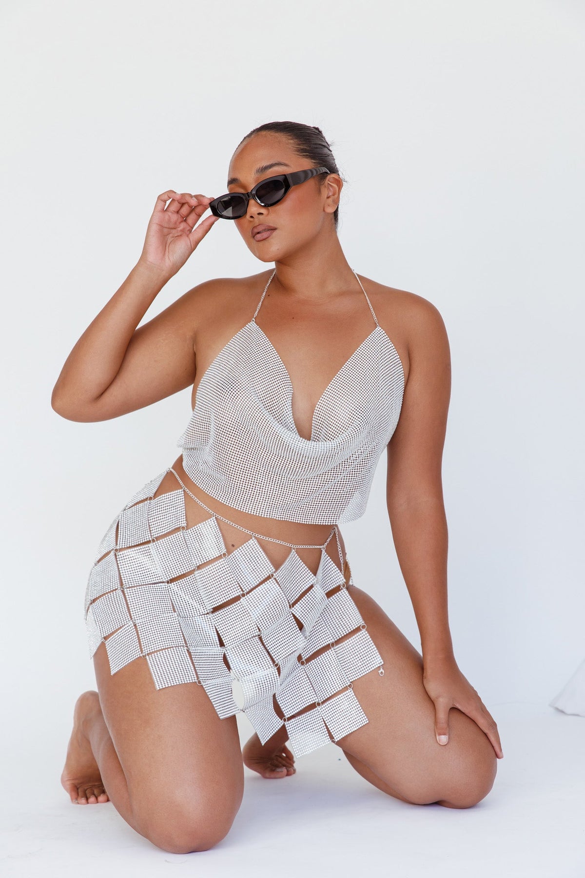 Vally Sequins Geometric Mini Skirt Silver