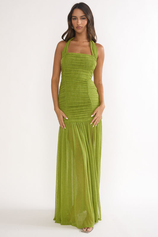 Galinda Ruched Bodice Halterneck Maxi Dress Olive
