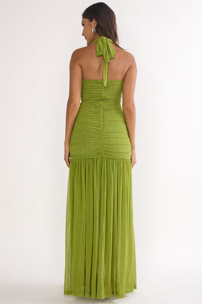 Galinda Ruched Bodice Halterneck Maxi Dress Olive