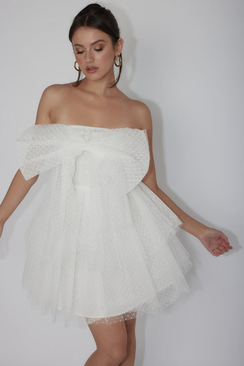 Deana Bow Bust Strapless Mini Dress Spotty White
