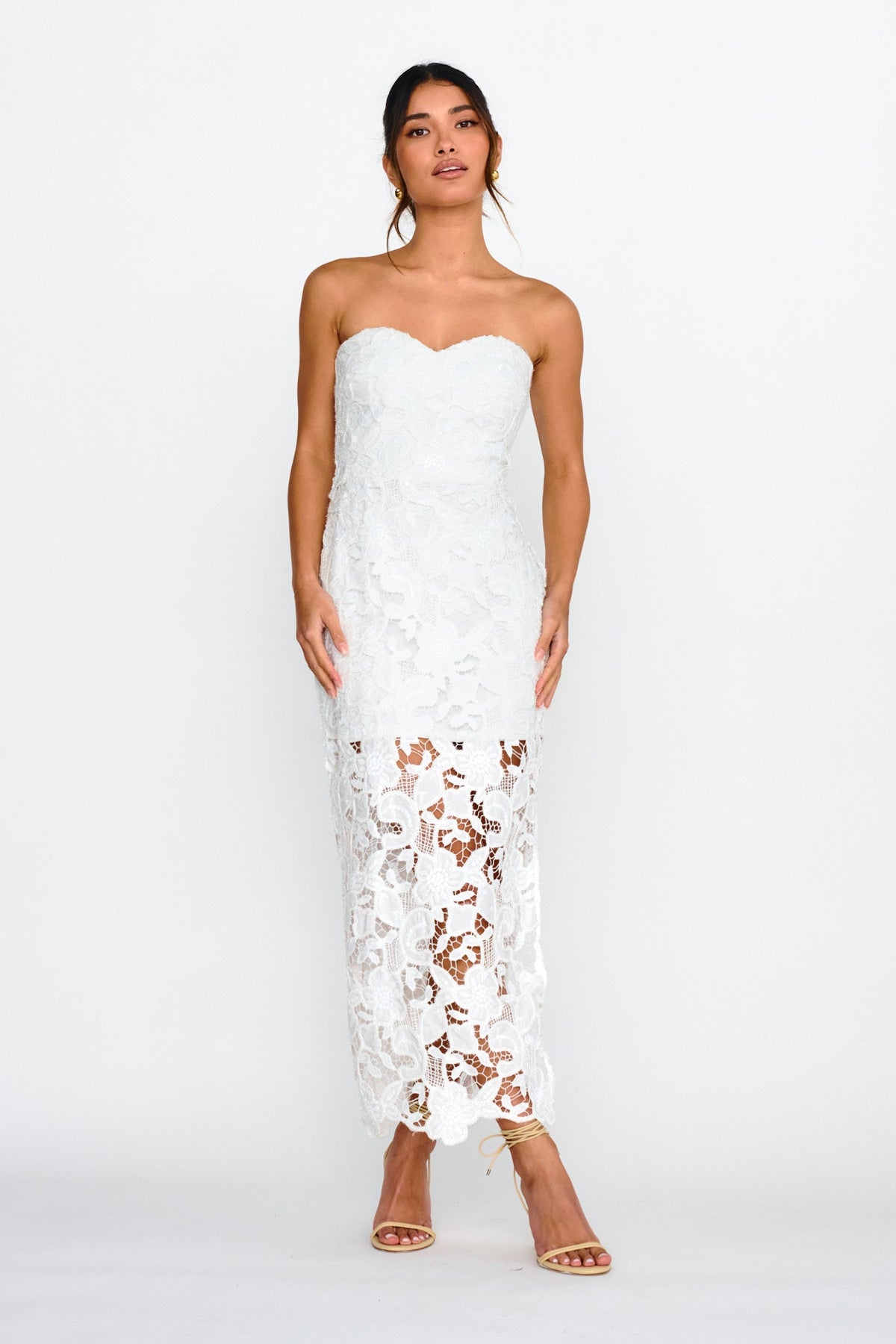 Parisa Sequin Embroidery Overlay Midi Dress White