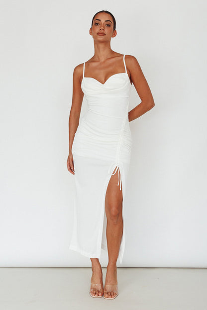 Samba Night Drawstring Ruched Midi Dress White