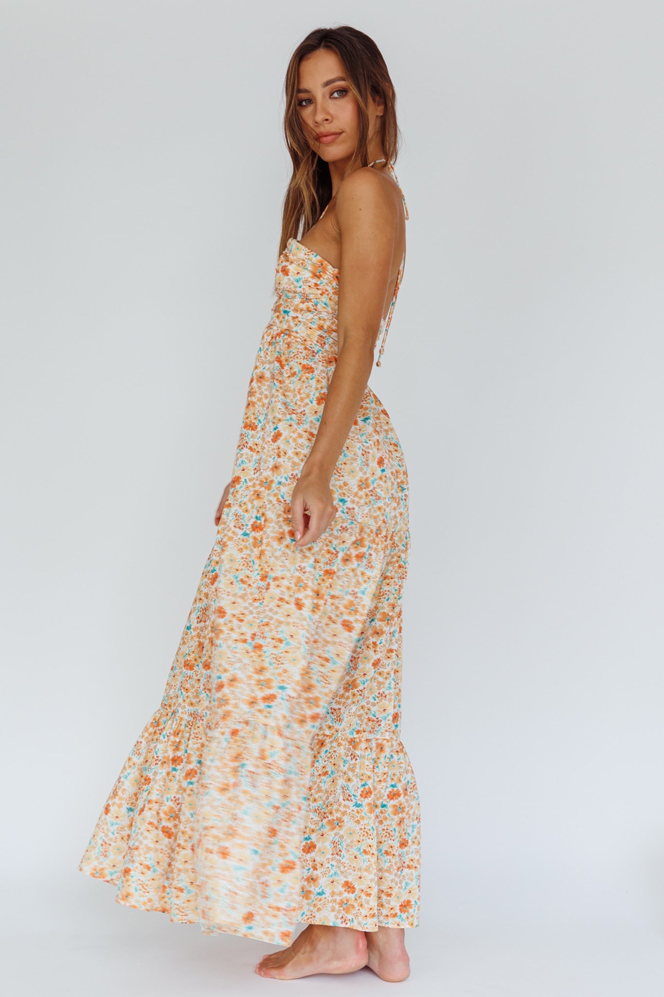 Asiah Halterneck Maxi Dress Flowers Orange