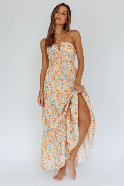 Asiah Halterneck Maxi Dress Flowers Orange
