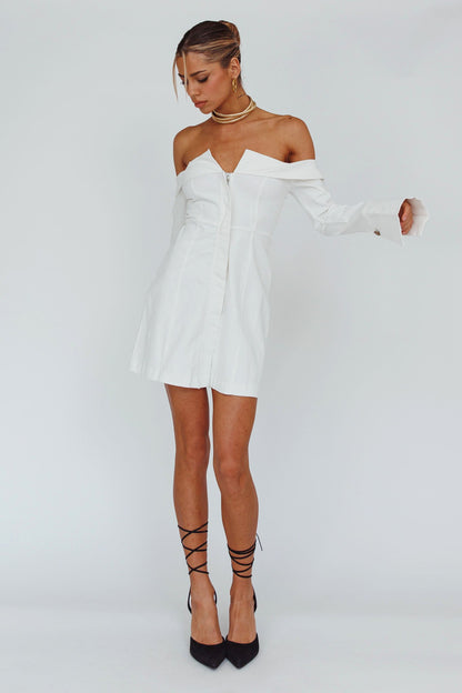 Tamra Long Sleeve Off-Shoulder Zip Dress White
