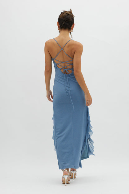 Rosilyn Split Ruffle Midi Dress Blue