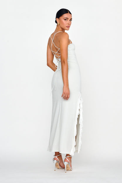 Rosilyn Split Ruffle Midi Dress Silver