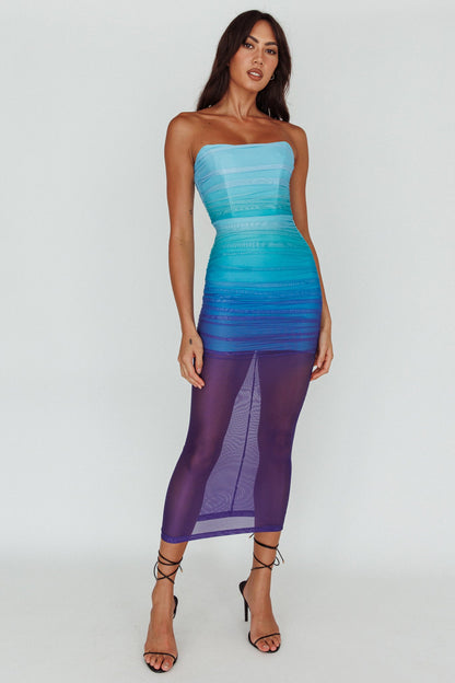 Logan Strapless Ruched Midi Dress Gradient Blue