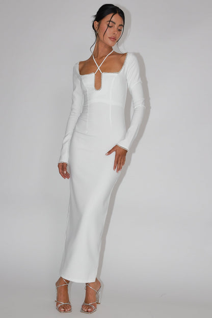 Samantha Pearl Trim Midi Dress White
