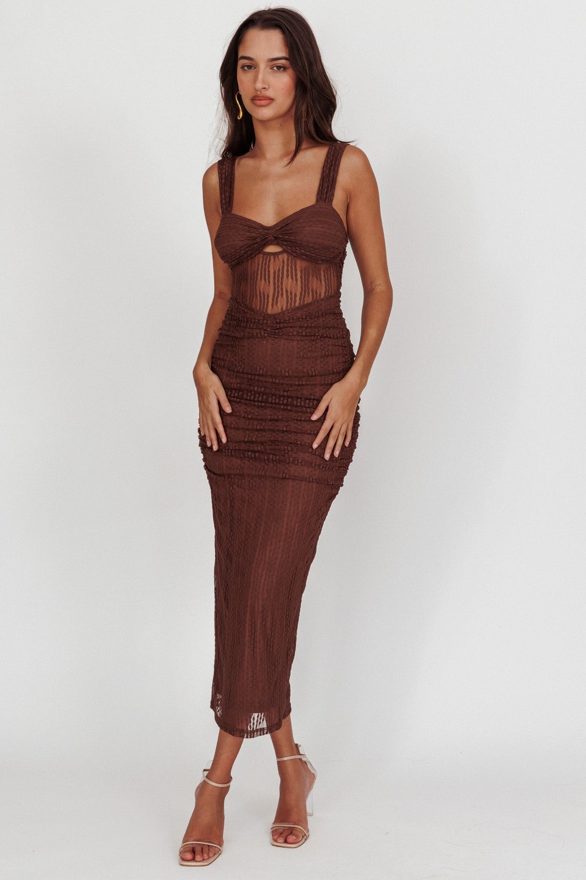 Oliana Embroidered Mesh Midi Dress Chocolate