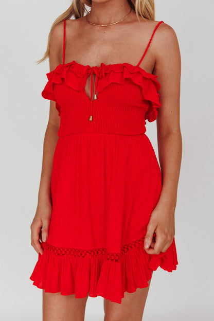 Daydream Shirred Bust Frill Trim Mini Dress Red
