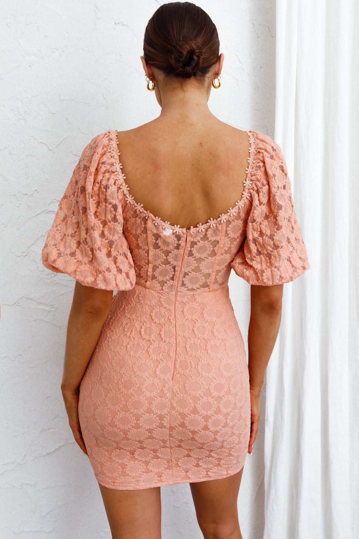 Secret Crush Puff Sleeve Floral Lace Bodycon Dress Peach