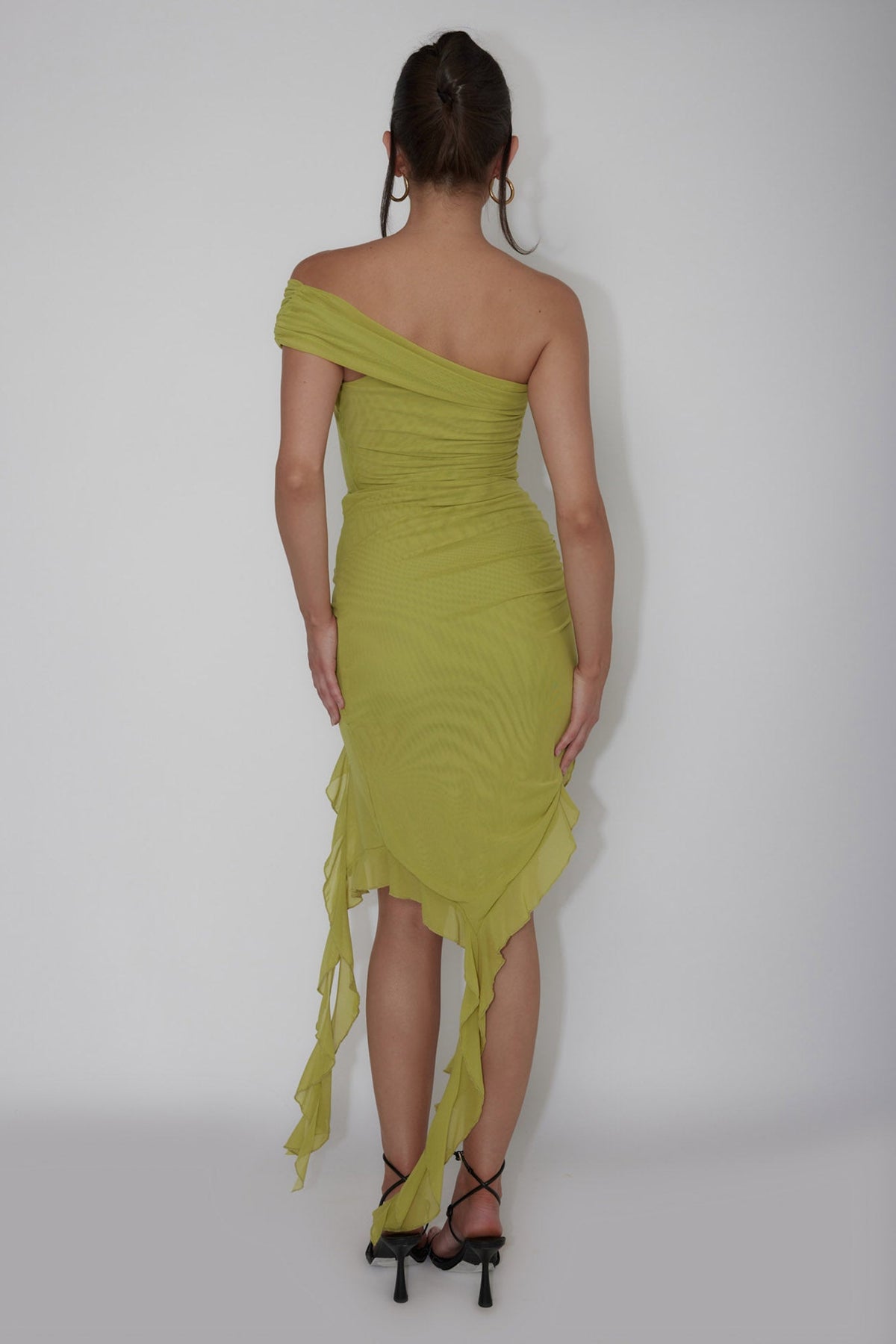 After Party One Sleeve Ruffle Mini Dress Lime
